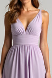 A Line Lilac V Neck Floor Length Bridesmaid Dress with Bow