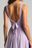 A Line Lilac V Neck Floor Length Bridesmaid Dress with Bow
