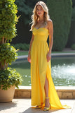 Strapless Sweetheart Yellow A Line Long Bridesmaid Dress with Slit