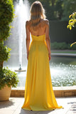 Strapless Sweetheart Yellow A Line Long Bridesmaid Dress with Slit