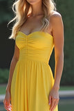 Strapless Sweetheart Yellow A Line Long Bridesmaid Dress with Slit