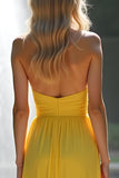 Strapless Sweetheart Yellow A Line Long Bridesmaid Dress with Slit