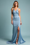 Dusty Blue Sheath Long Satin Bridesmaid Dress with Slit
