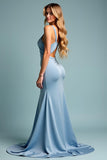 Dusty Blue Sheath Long Satin Bridesmaid Dress with Slit