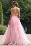 A Line Pink V-Neck Spaghetti Straps Pleated Long Bridesmaid Dress