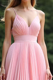 A Line Pink V-Neck Spaghetti Straps Pleated Long Bridesmaid Dress