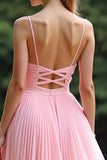 A Line Pink V-Neck Spaghetti Straps Pleated Long Bridesmaid Dress