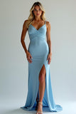 Dusty Blue Spaghetti Straps Sheath Maxi Bridesmaid Dress with Slit