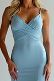 Dusty Blue Spaghetti Straps Sheath Maxi Bridesmaid Dress with Slit
