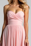 A Line Pink Sweetheart Pleated Long Bridesmaid Dress