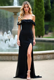 Off the Shoulder Black Chiffon Ruffled Long Bridesmaid Dress with Slit