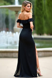 Off the Shoulder Black Chiffon Ruffled Long Bridesmaid Dress with Slit