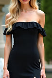 Off the Shoulder Black Chiffon Ruffled Long Bridesmaid Dress with Slit