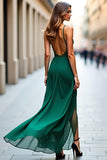 Dark Green V Neck Sheath Long Bridesmaid Dress with Slit