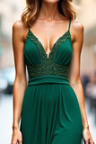 Dark Green V Neck Sheath Long Bridesmaid Dress with Slit