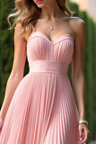 A Line Pink Pleated Sweetheart High Waist Long Bridesmaid Dress