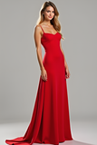 Elegant Sheath Red Spaghetti Straps Long Bridesmaid Dress