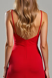 Elegant Sheath Red Spaghetti Straps Long Bridesmaid Dress