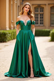 Dark Green A Line Off the Shoulder Corset Satin Prom Dress with Slit