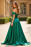 Dark Green A Line Off the Shoulder Corset Satin Prom Dress with Slit