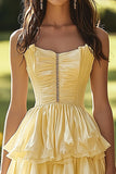 Light Yellow Strapless Ruffles Tiered A Line Long Prom Dress