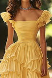 Light Yellow Ball Gown Tiered Ruched Long Prom Dress with Ruffles