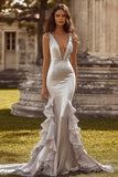 Silver Mermaid Deep V-Neck Ruffled Long Prom Dress