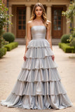 Silver Strapless Ball Gown Tiered Floor Length Prom Dress