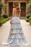 Silver Strapless Ball Gown Tiered Floor Length Prom Dress