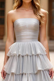 Silver Strapless Ball Gown Tiered Floor Length Prom Dress