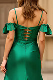 Dark Green Sheath Corset Long Satin Prom Dress with Slit