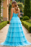 Blue Ball Gown Spaghetti Straps Tiered Long Prom Dress with Slit