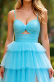 Blue Ball Gown Spaghetti Straps Tiered Long Prom Dress with Slit
