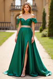 Dark Green A Line Off the Shoulder Ruffled Satin Prom Dress with Slit