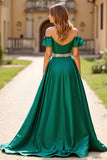 Dark Green A Line Off the Shoulder Ruffled Satin Prom Dress with Slit