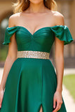 Dark Green A Line Off the Shoulder Ruffled Satin Prom Dress with Slit