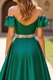 Dark Green A Line Off the Shoulder Ruffled Satin Prom Dress with Slit