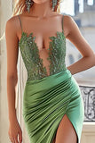Green V Neck Appliqued Long Satin Mermaid Prom Dress with Slit