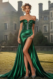Dark Green Off the Shoulder Mermaid Long Satin Prom Dress with Slit