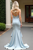 Dusty Blue Mermaid One Shoulder Maxi Bridesmaid Dress with Ruffles