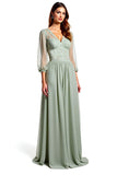 Dusty Sage A Line Sheer Sleeves Appliqued Long Bridesmaid Dress