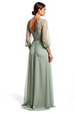 Dusty Sage A Line Sheer Sleeves Appliqued Long Bridesmaid Dress