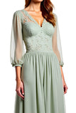 Dusty Sage A Line Sheer Sleeves Appliqued Long Bridesmaid Dress