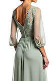 Dusty Sage A Line Sheer Sleeves Appliqued Long Bridesmaid Dress