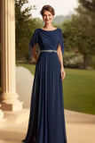 Navy Scoop Neck A Line Long Mother of the Bride Dress with Cape