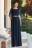 Navy Scoop Neck Long Mother of the Bride Dress with Cape