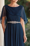 Navy Scoop Neck Long Mother of the Bride Dress with Cape