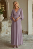 Lilac V-Neck Flutter Sleeves Long Mother of the Bride Dress