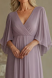 Lilac V-Neck Flutter Sleeves Long Mother of the Bride Dress