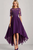 Plum A Line Lace Applique High Low Mother of the Bride Dress